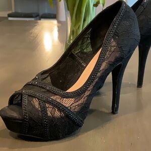 Elegant Black Lace Peep-Toe Heels